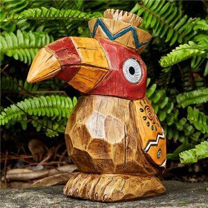Solar Tiki Statue-WoodWoodpecker Bird-Garden Hawaiian-Solar Outdoor Light Garden